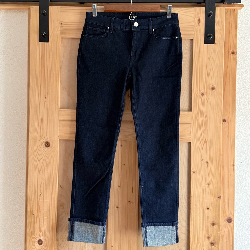 Dark Blue Women's Jeans with gold sparkle detail on bottom